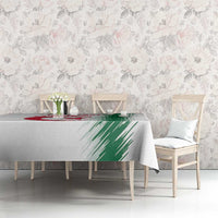 White Algeria football tablecloth with green brush stripe and custom emblem at center