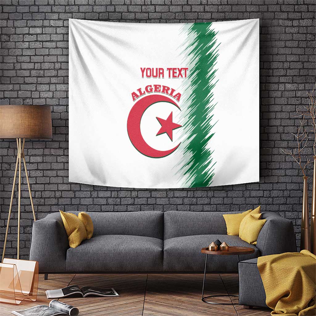 White Algeria wall tapestry with custom text and emblem, draped on wall
