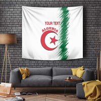 White Algeria wall tapestry with custom text and emblem, draped on wall