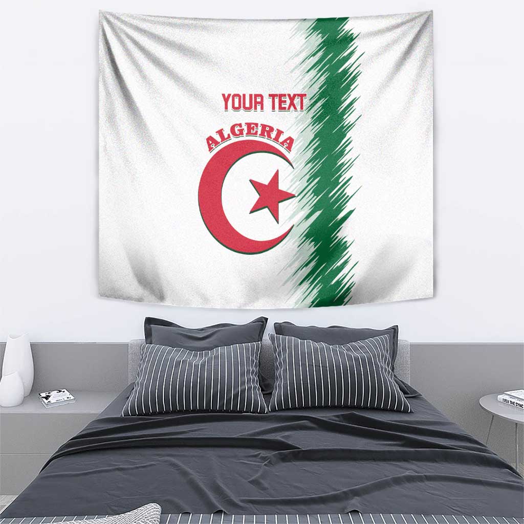 White Algeria wall tapestry with custom text and emblem, hung above bed