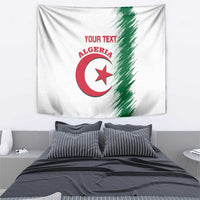 White Algeria wall tapestry with custom text and emblem, hung above bed