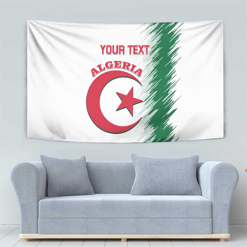 White Algeria wall tapestry with custom text and emblem, hung above sofa
