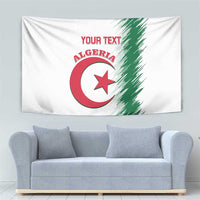 White Algeria wall tapestry with custom text and emblem, hung above sofa