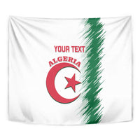 White Algeria wall tapestry with custom text and emblem, close-up view