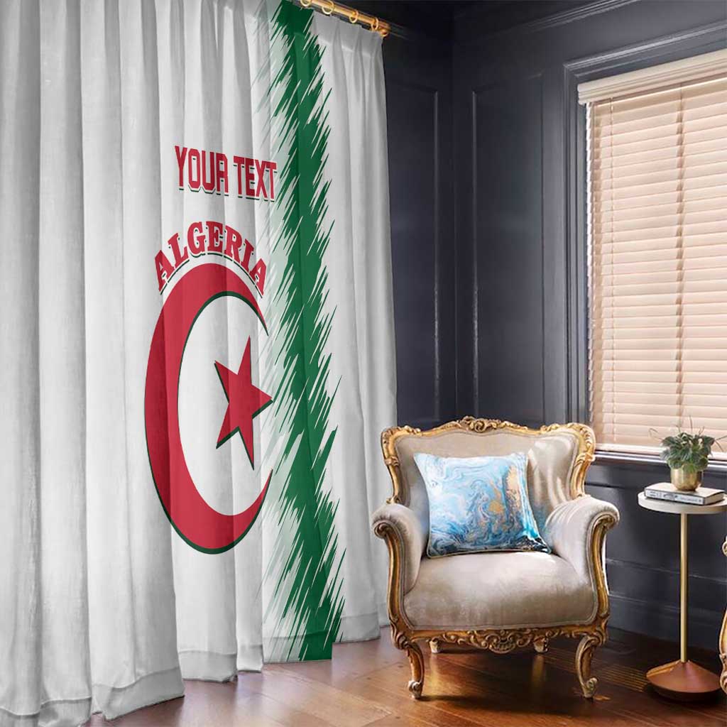 White curtain pair for window with Algeria logo, Your Text on left panel and green stripe right
