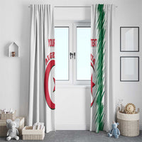 White door curtain with Algeria logo and Your Text, green brush stripe on right panel