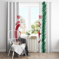 White ring-top window curtain with Algeria logo, Your Text on left and green brush stripe right