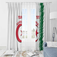 White window curtain with Algeria logo and Your Text, green brush stripe panel with rod rings