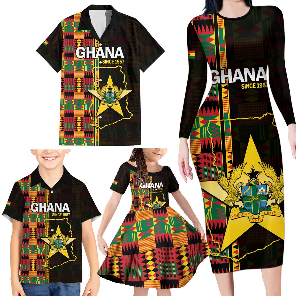 Ghana 1957 Family Matching Long Sleeve Bodycon Dress and Hawaiian Shirt Independence Anniversary Kente Pattern