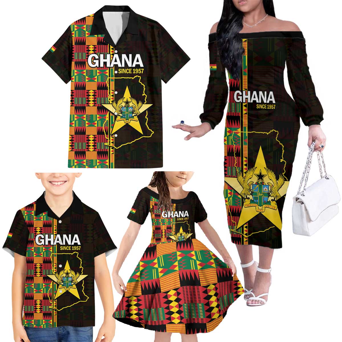 Ghana 1957 Family Matching Off The Shoulder Long Sleeve Dress and Hawaiian Shirt Independence Anniversary Kente Pattern