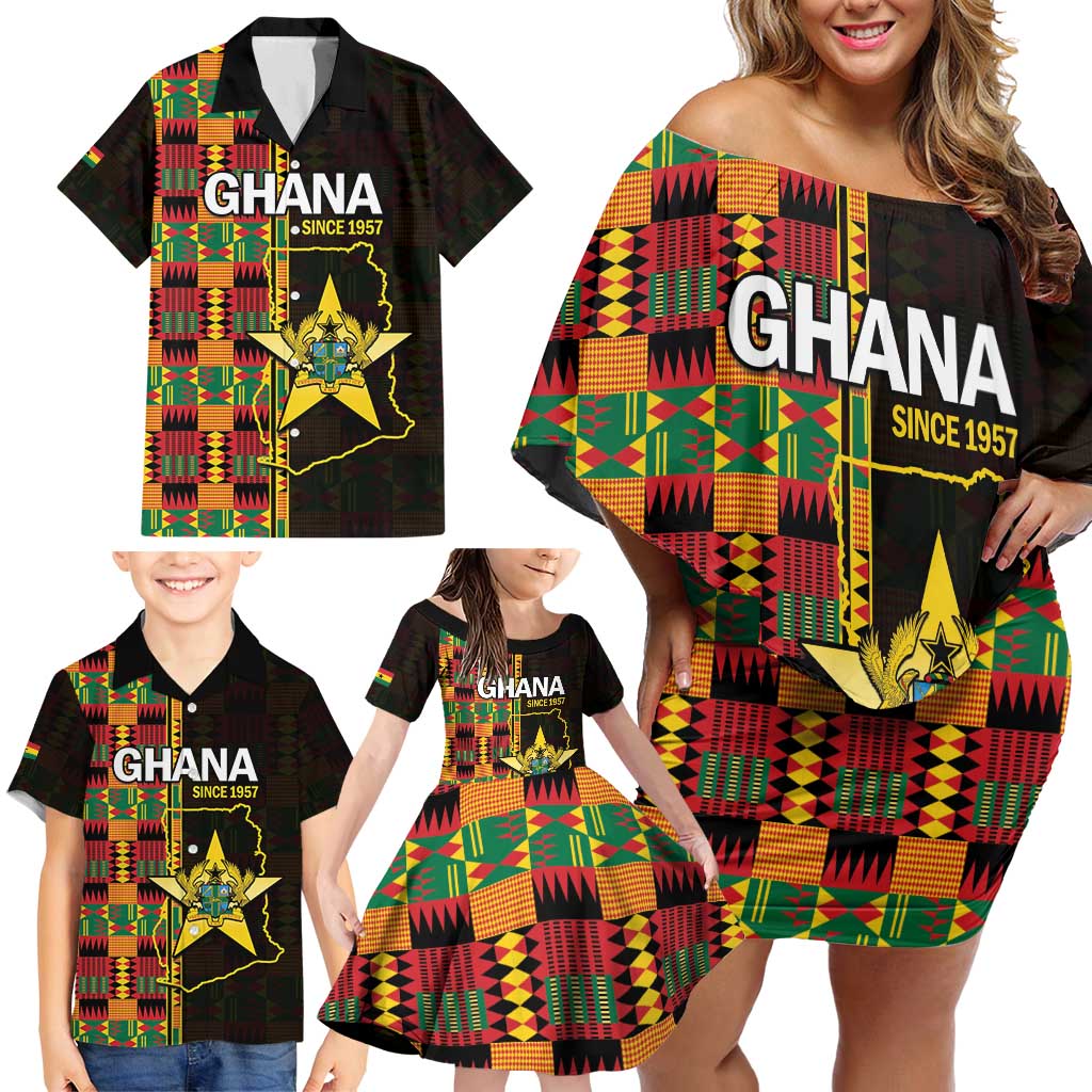 Ghana 1957 Family Matching Off Shoulder Short Dress and Hawaiian Shirt Independence Anniversary Kente Pattern