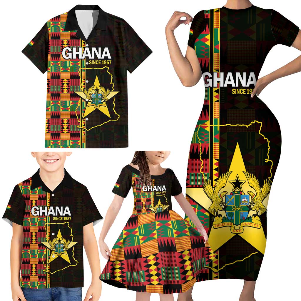 Ghana 1957 Family Matching Short Sleeve Bodycon Dress and Hawaiian Shirt Independence Anniversary Kente Pattern