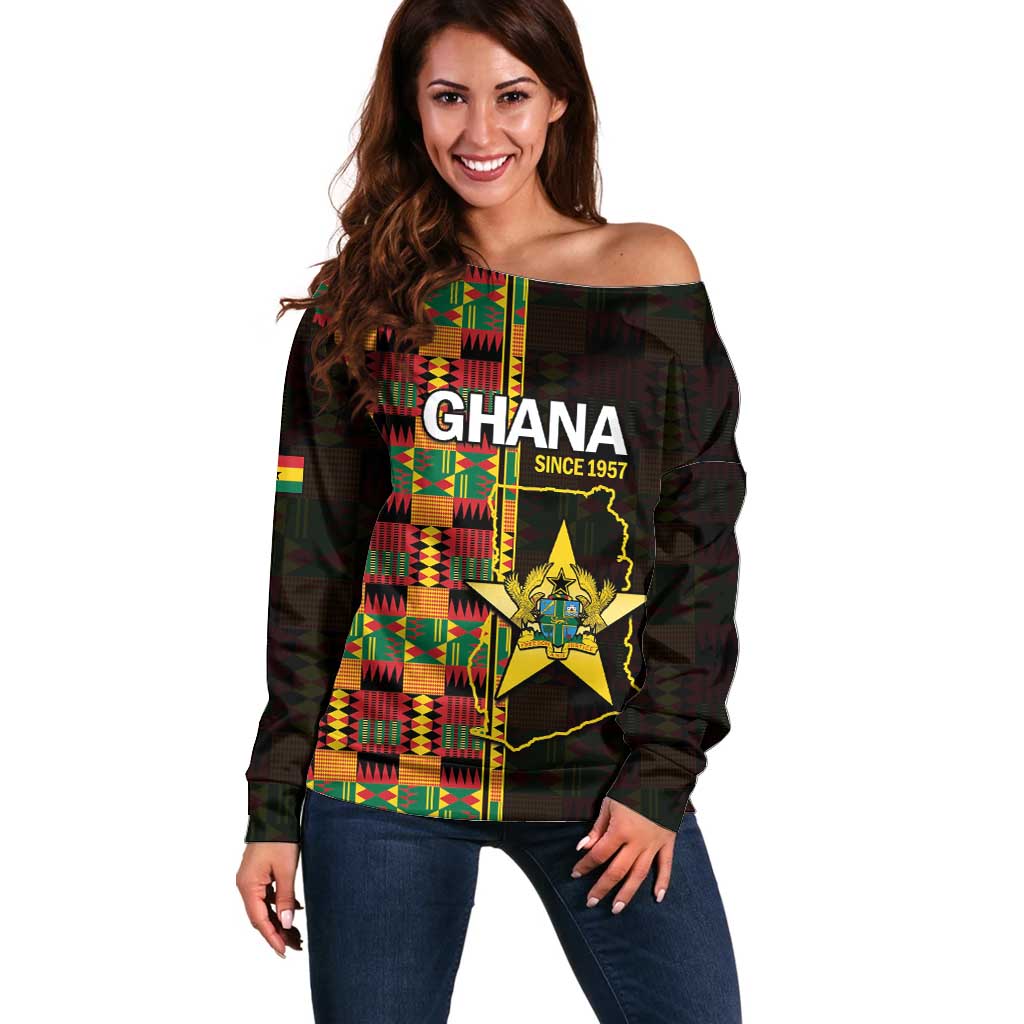 Ghana 1957 Off Shoulder Sweater Independence Anniversary Kente Pattern