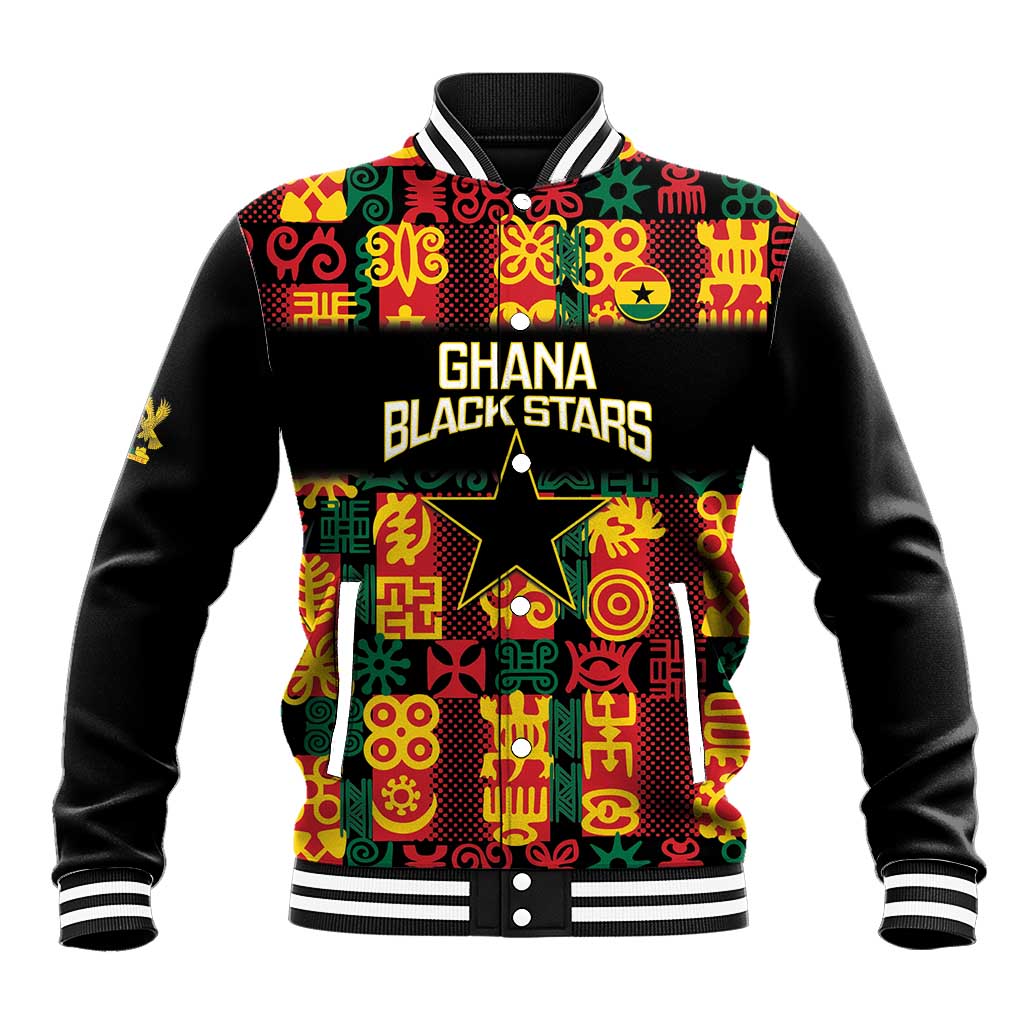 Custom Ghana Football Baseball Jacket 2025 Go Black Stars Adinkra pattern