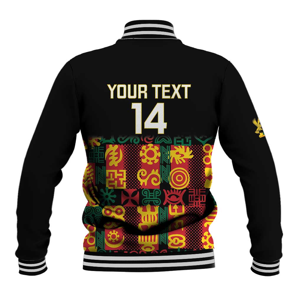 Black baseball jacket, ribbed collar; back shows YOUR TEXT 14 over colorful Adinkra print