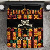 Black bedding set with colorful Adinkra-style pattern, Ghana Black Stars and Your Text print