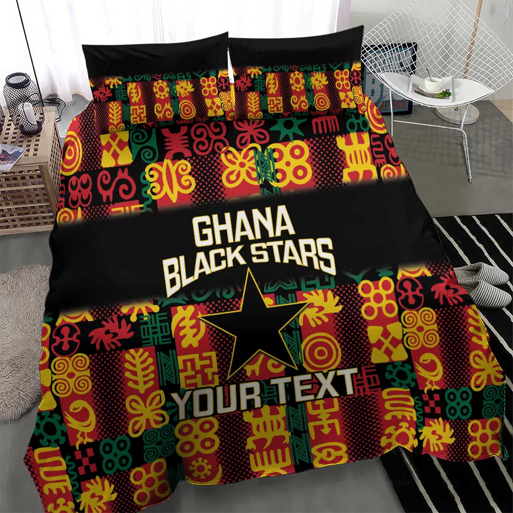 Black bedding set featuring Ghana Black Stars text, star graphic, and colorful pattern