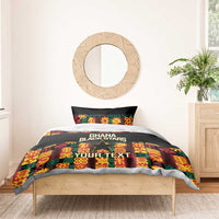 Black bedding set with Ghana Black Stars logo, Your Text, and colorful pattern