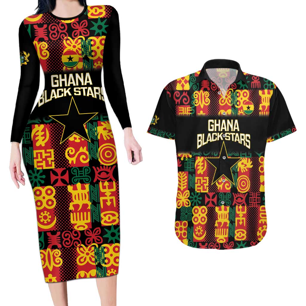 Custom Ghana Football Couples Matching Long Sleeve Bodycon Dress and Hawaiian Shirt 2025 Go Black Stars Adinkra pattern