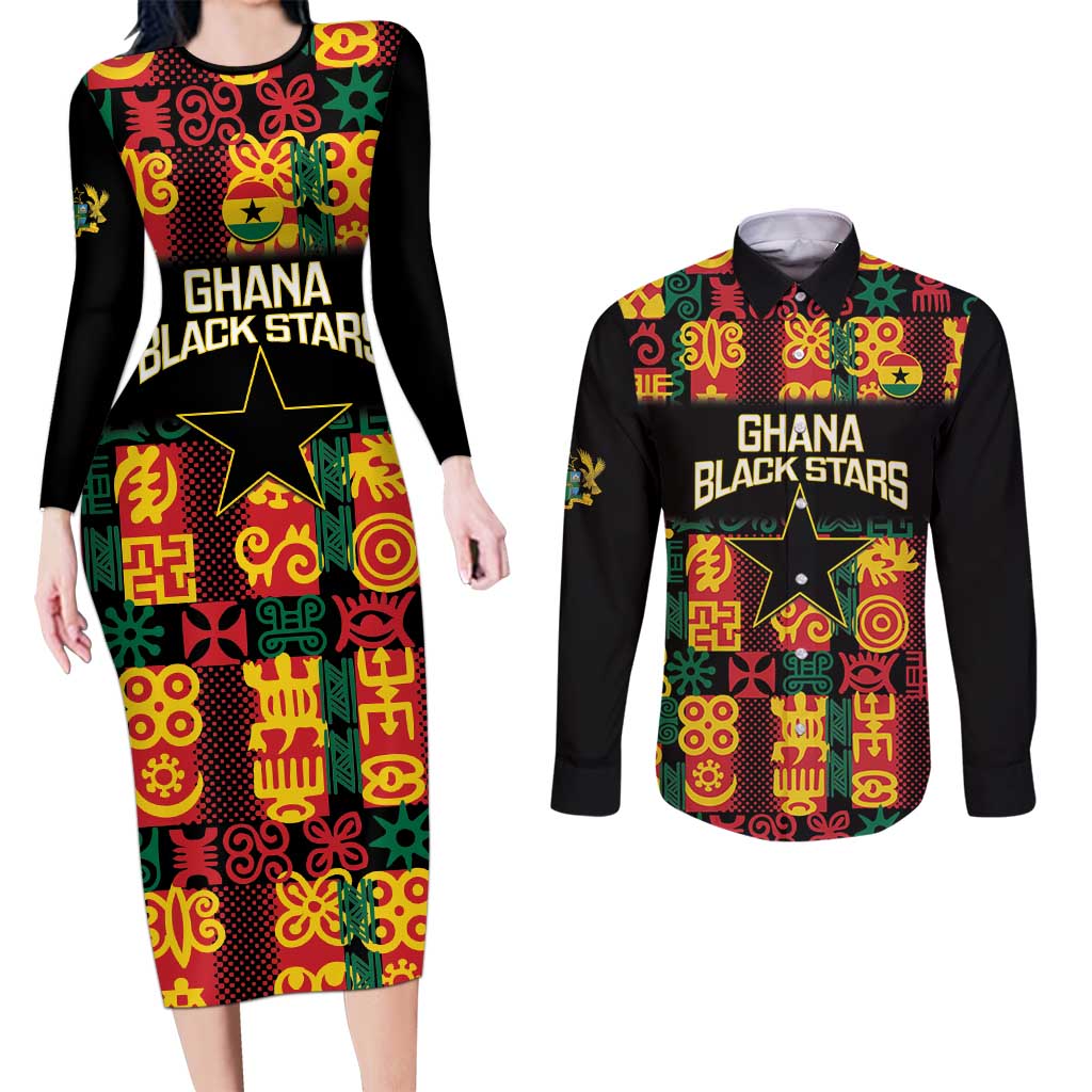 Custom Ghana Football Couples Matching Long Sleeve Bodycon Dress and Long Sleeve Button Shirt 2025 Go Black Stars Adinkra pattern