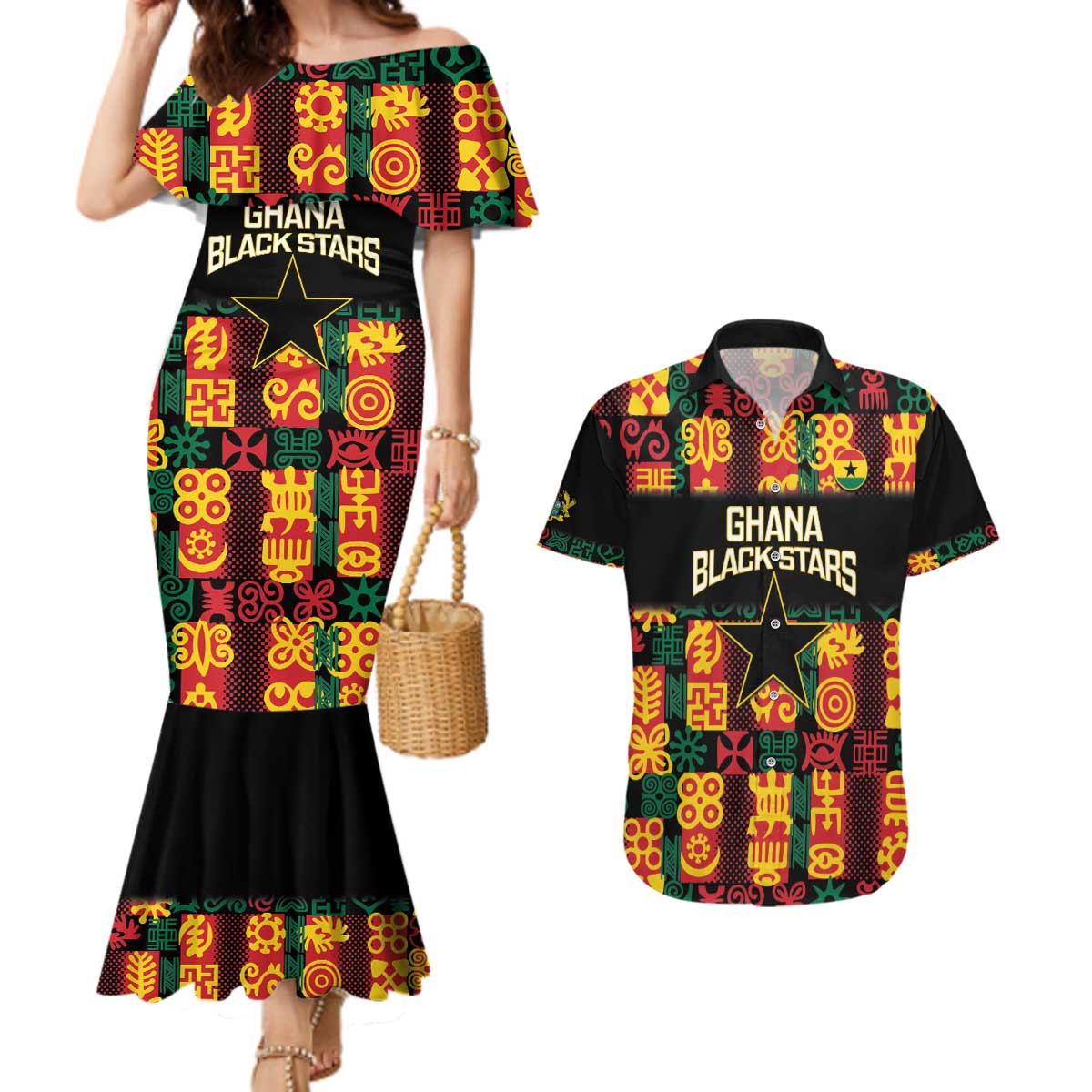 Custom Ghana Football Couples Matching Mermaid Dress and Hawaiian Shirt 2025 Go Black Stars Adinkra pattern