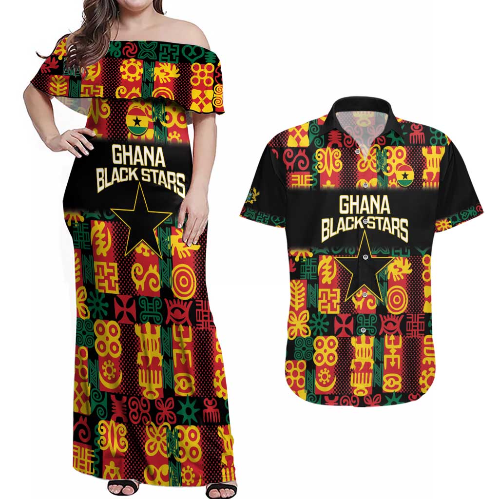 Custom Ghana Football Couples Matching Off Shoulder Maxi Dress and Hawaiian Shirt 2025 Go Black Stars Adinkra pattern