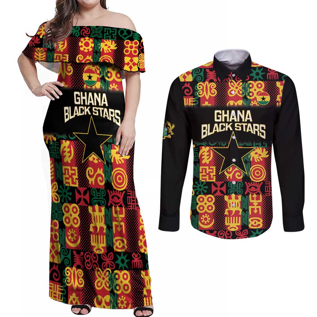 Custom Ghana Football Couples Matching Off Shoulder Maxi Dress and Long Sleeve Button Shirt 2025 Go Black Stars Adinkra pattern