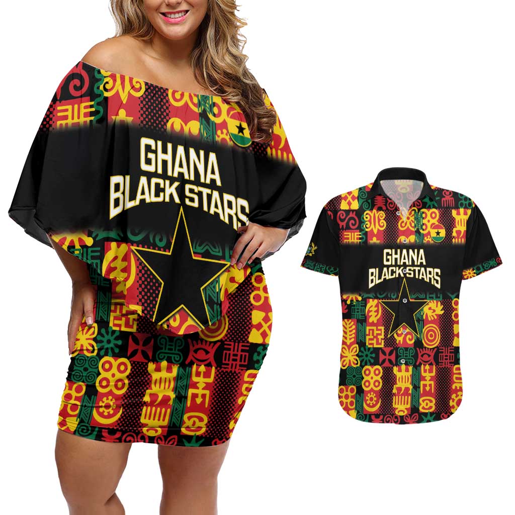 Custom Ghana Football Couples Matching Off Shoulder Short Dress and Hawaiian Shirt 2025 Go Black Stars Adinkra pattern