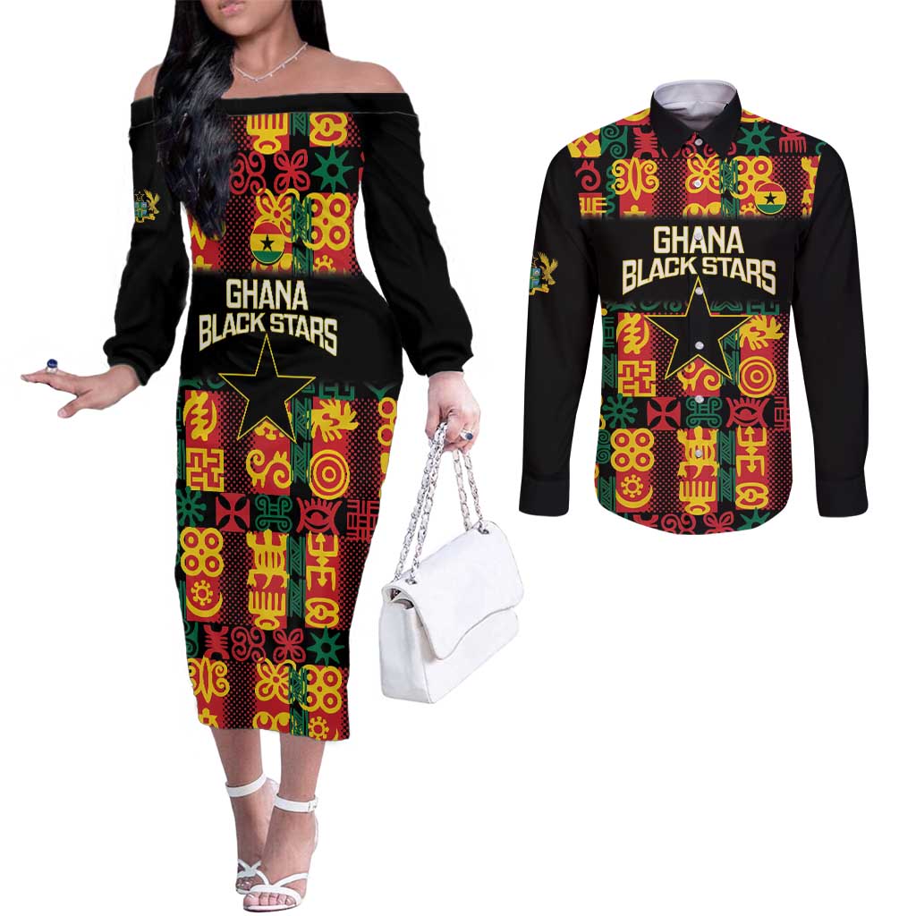 Custom Ghana Football Couples Matching Off The Shoulder Long Sleeve Dress and Long Sleeve Button Shirt 2025 Go Black Stars Adinkra pattern