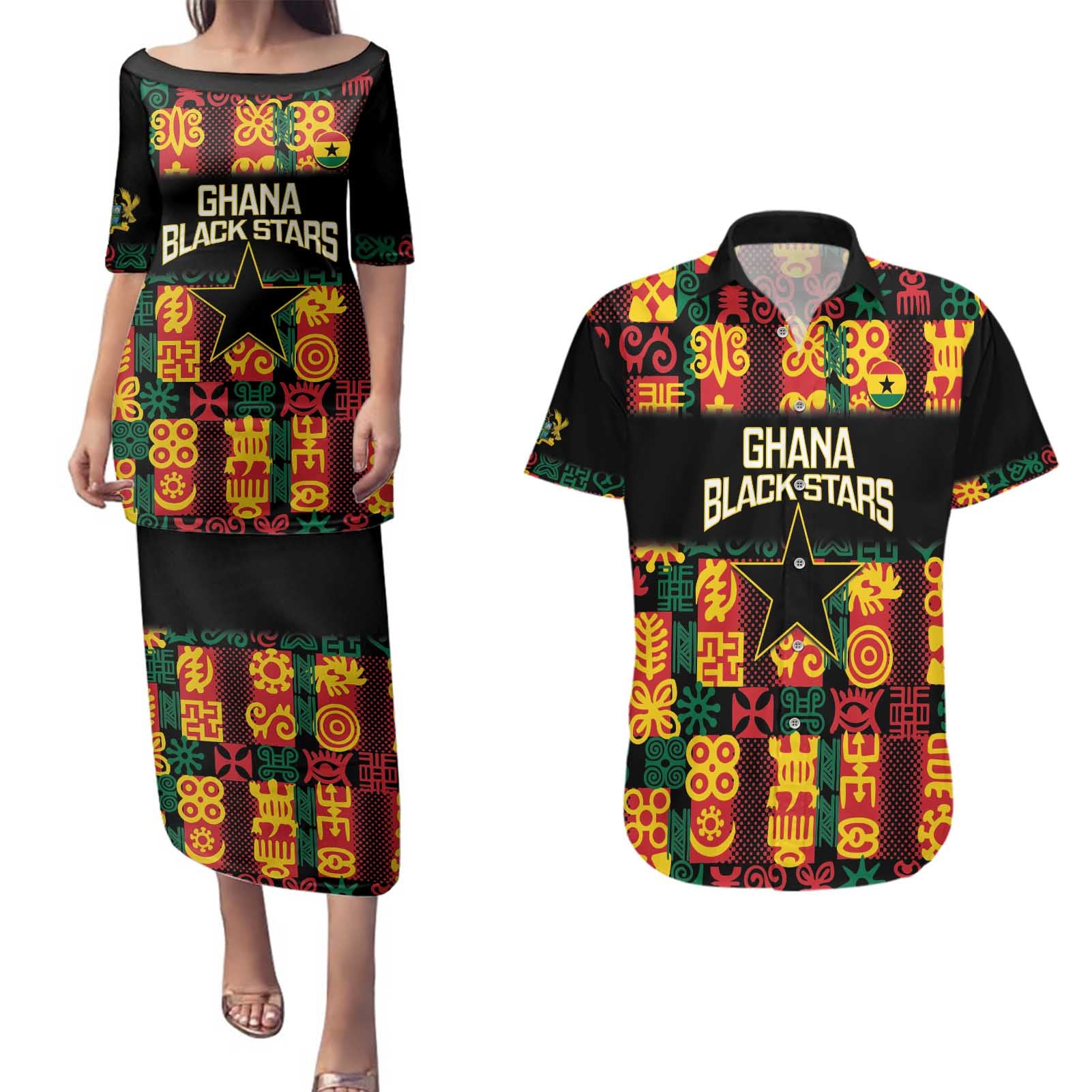 Custom Ghana Football Couples Matching Puletasi and Hawaiian Shirt 2025 Go Black Stars Adinkra pattern