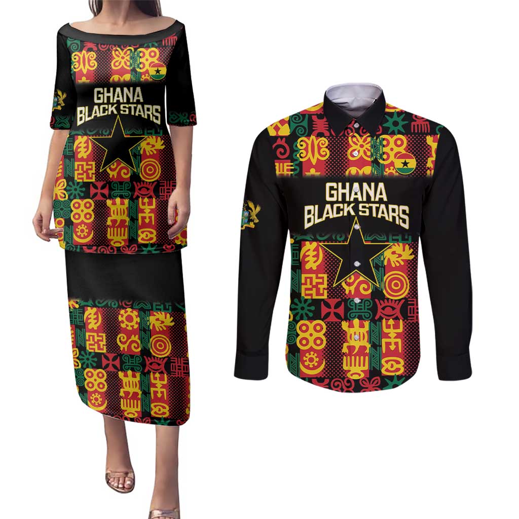 Custom Ghana Football Couples Matching Puletasi and Long Sleeve Button Shirt 2025 Go Black Stars Adinkra pattern