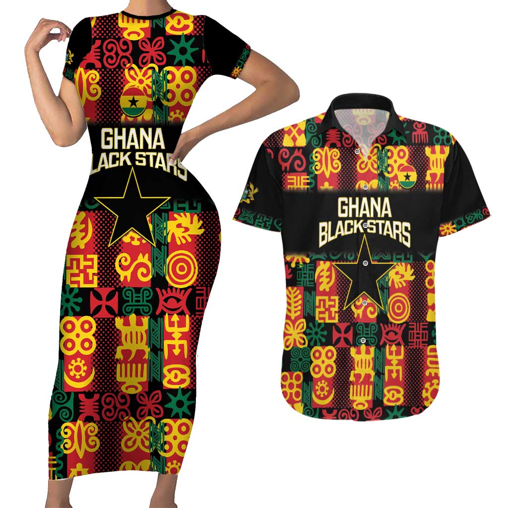 Custom Ghana Football Couples Matching Short Sleeve Bodycon Dress and Hawaiian Shirt 2025 Go Black Stars Adinkra pattern