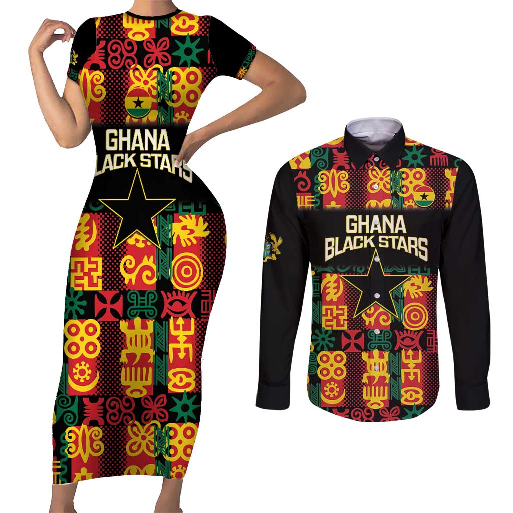 Custom Ghana Football Couples Matching Short Sleeve Bodycon Dress and Long Sleeve Button Shirt 2025 Go Black Stars Adinkra pattern