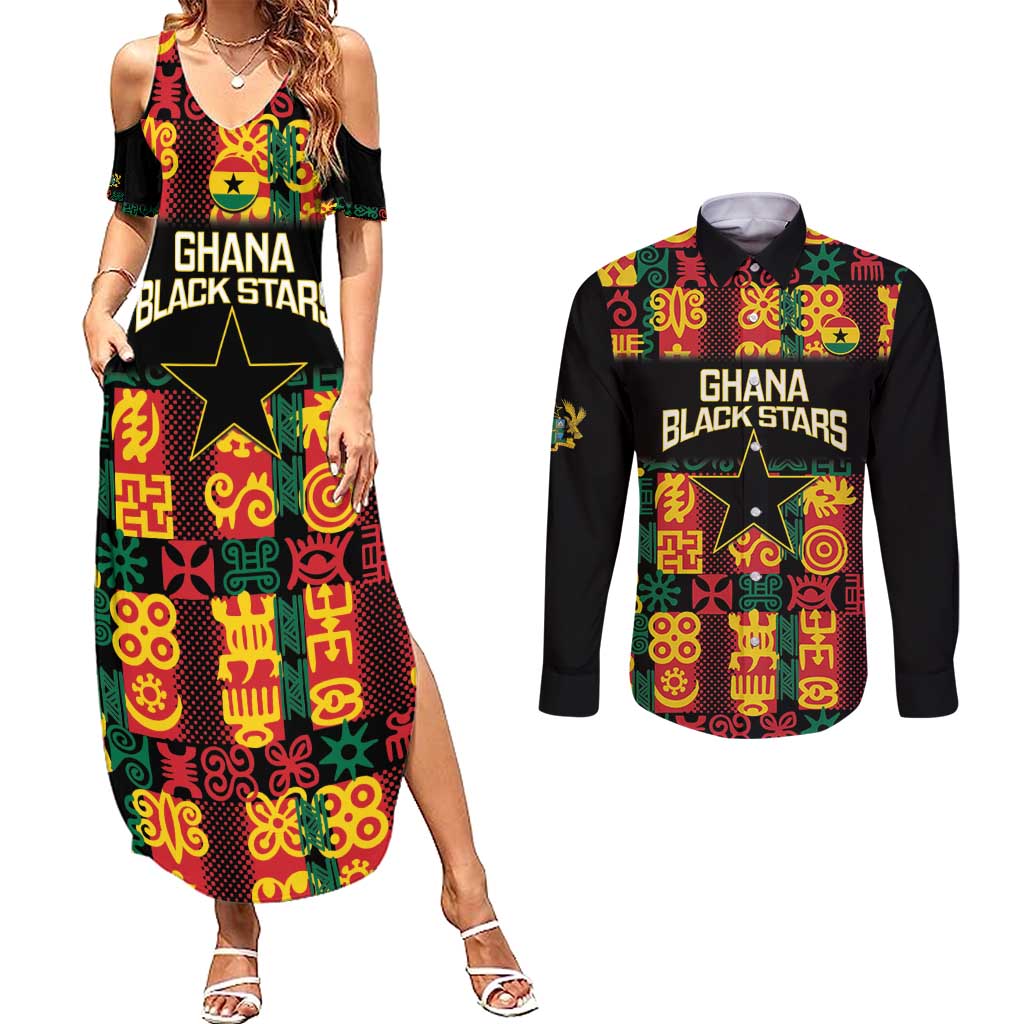 Custom Ghana Football Couples Matching Summer Maxi Dress and Long Sleeve Button Shirt 2025 Go Black Stars Adinkra pattern