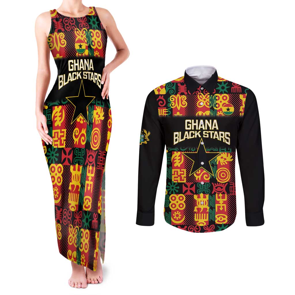 Custom Ghana Football Couples Matching Tank Maxi Dress and Long Sleeve Button Shirt 2025 Go Black Stars Adinkra pattern