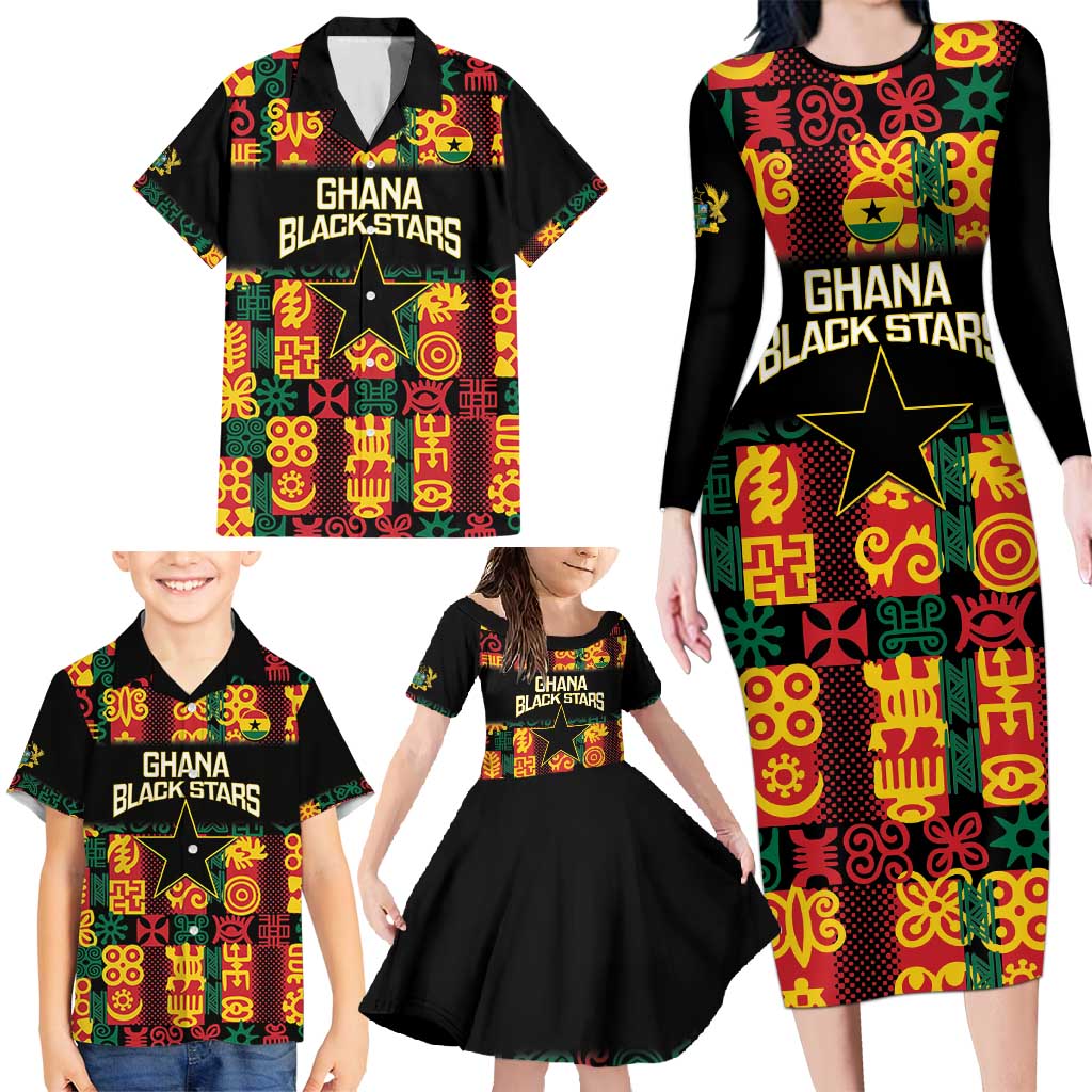 Custom Ghana Football Family Matching Long Sleeve Bodycon Dress and Hawaiian Shirt 2025 Go Black Stars Adinkra pattern