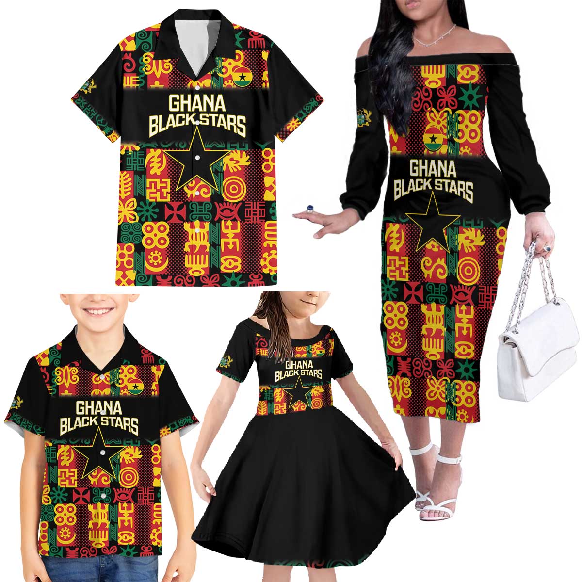 Custom Ghana Football Family Matching Off The Shoulder Long Sleeve Dress and Hawaiian Shirt 2025 Go Black Stars Adinkra pattern