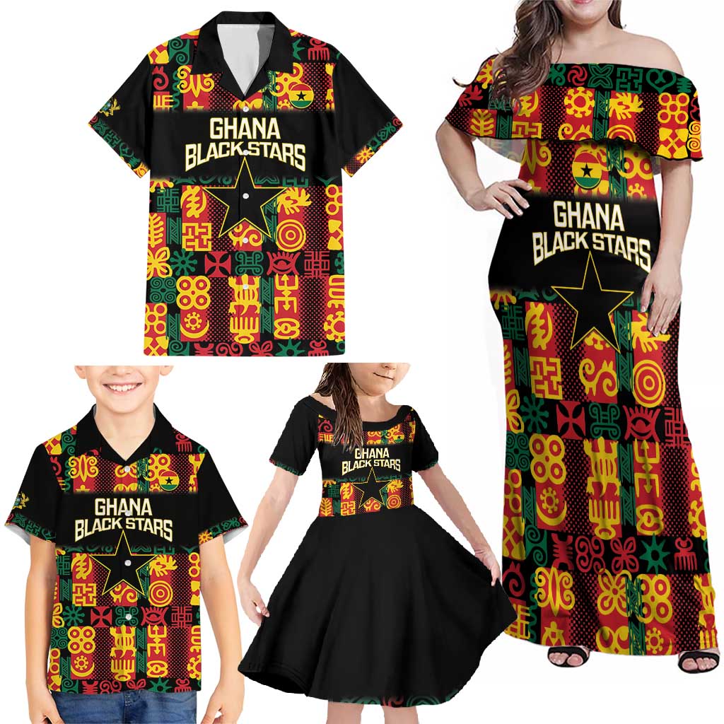 Custom Ghana Football Family Matching Off Shoulder Maxi Dress and Hawaiian Shirt 2025 Go Black Stars Adinkra pattern