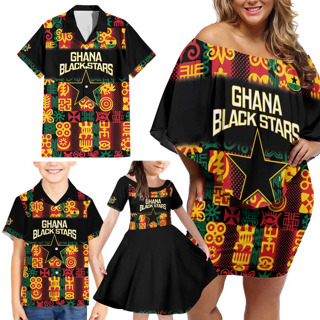 Custom Ghana Football Family Matching Off Shoulder Short Dress and Hawaiian Shirt 2025 Go Black Stars Adinkra pattern