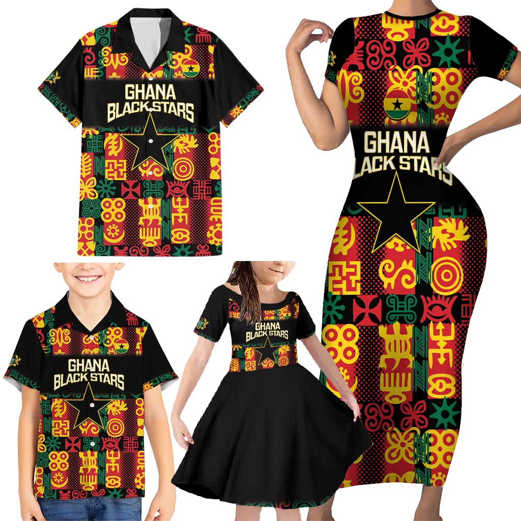 Custom Ghana Football Family Matching Short Sleeve Bodycon Dress and Hawaiian Shirt 2025 Go Black Stars Adinkra pattern