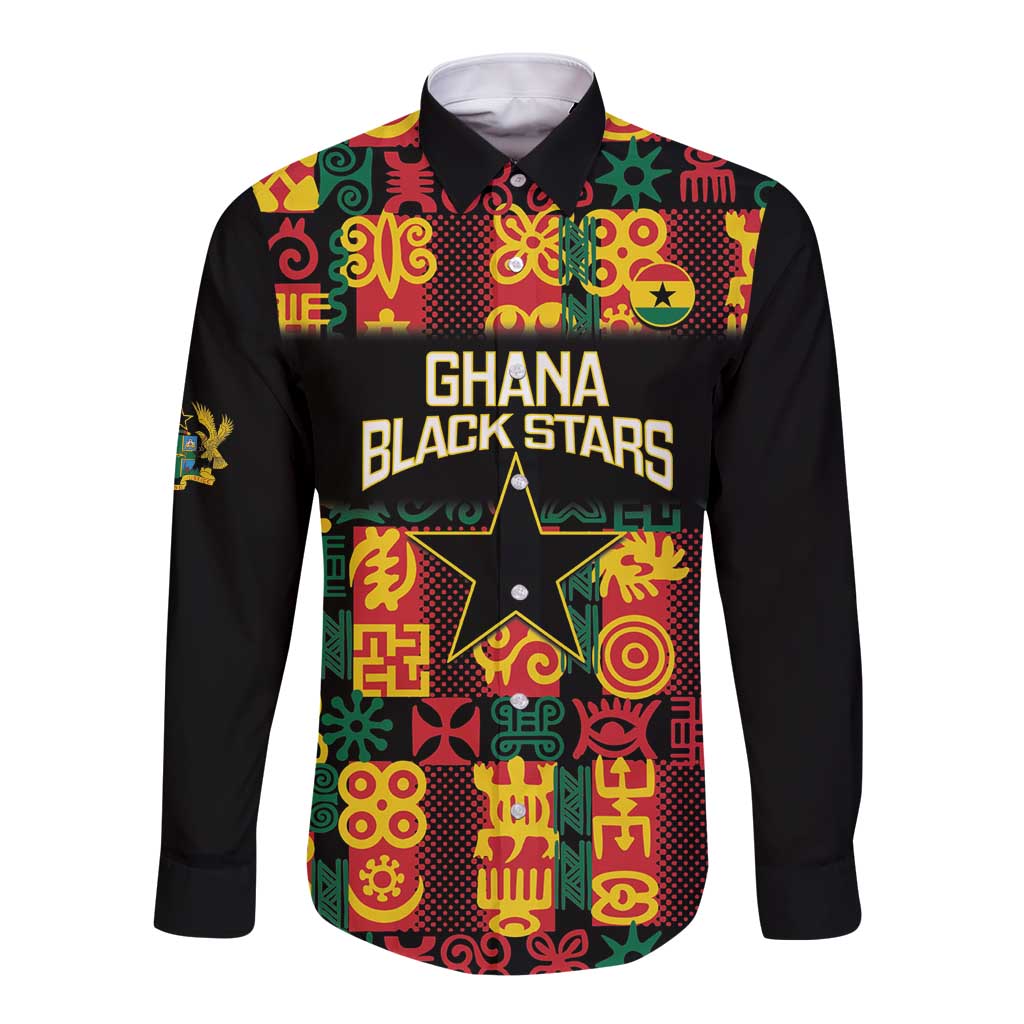 Custom Ghana Football Long Sleeve Button Shirt 2025 Go Black Stars Adinkra pattern