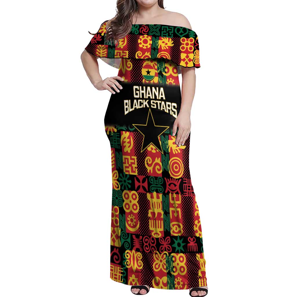 Custom Ghana Football Off Shoulder Maxi Dress 2025 Go Black Stars Adinkra pattern