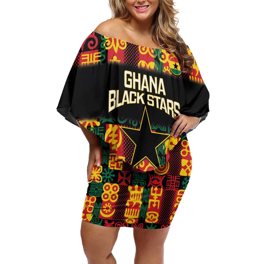 Custom Ghana Football Off Shoulder Short Dress 2025 Go Black Stars Adinkra pattern