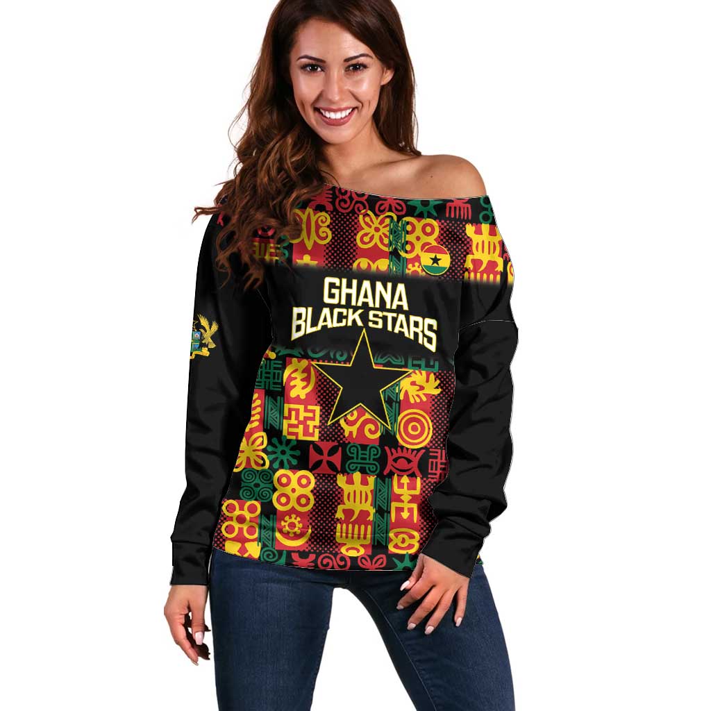 Custom Ghana Football Off Shoulder Sweater 2025 Go Black Stars Adinkra pattern