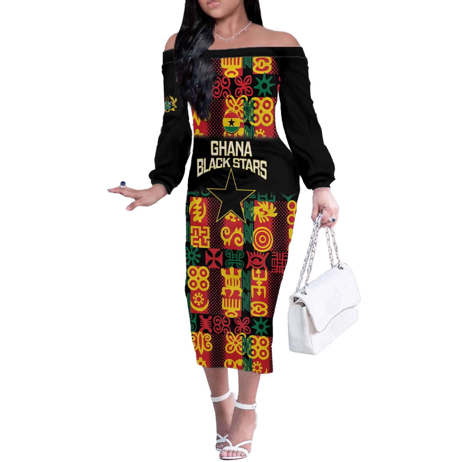 Custom Ghana Football Off The Shoulder Long Sleeve Dress 2025 Go Black Stars Adinkra pattern