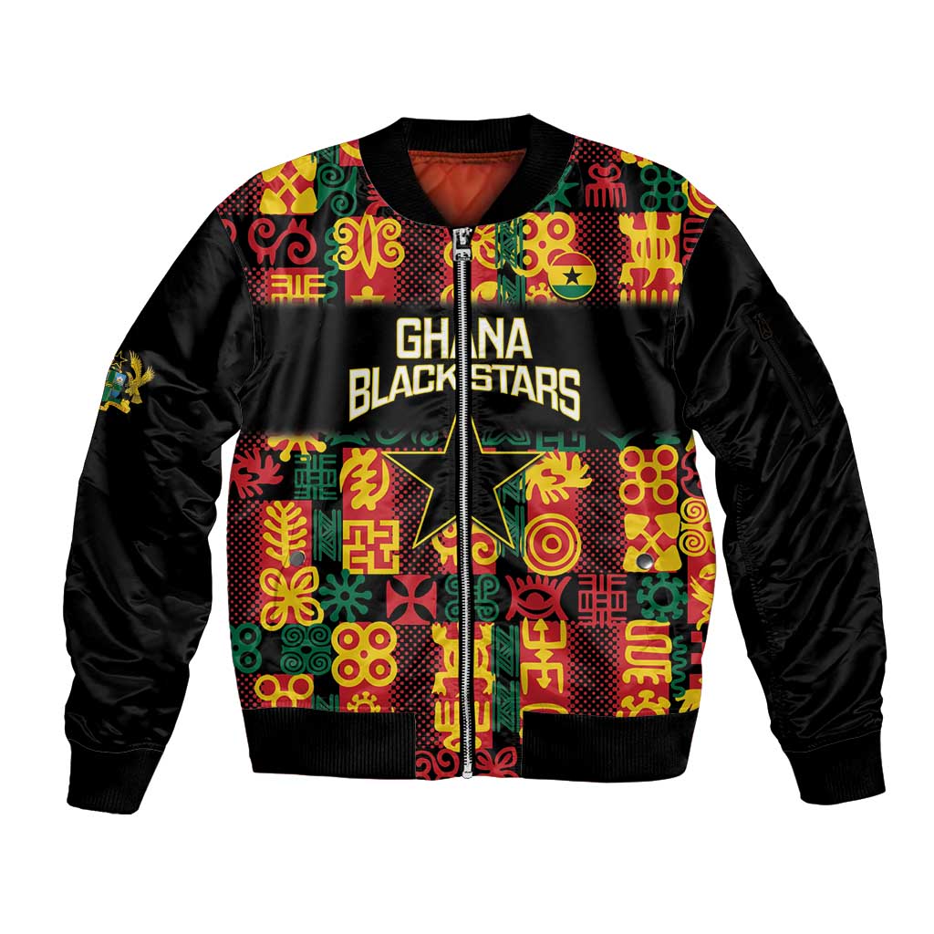 Custom Ghana Football Sleeve Zip Bomber Jacket 2025 Go Black Stars Adinkra pattern