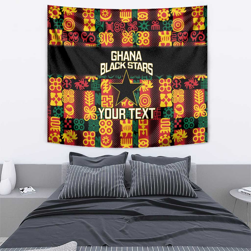 Black Ghana Black Stars wall tapestry with vibrant Adinkra patchwork and YOUR TEXT