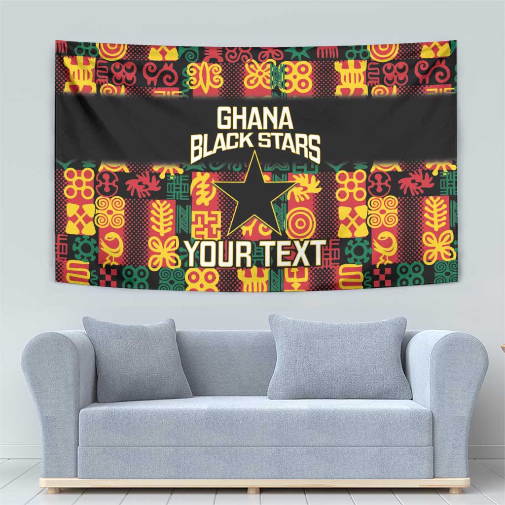 Black Ghana Black Stars tapestry with multicolor Adinkra pattern border and YOUR TEXT