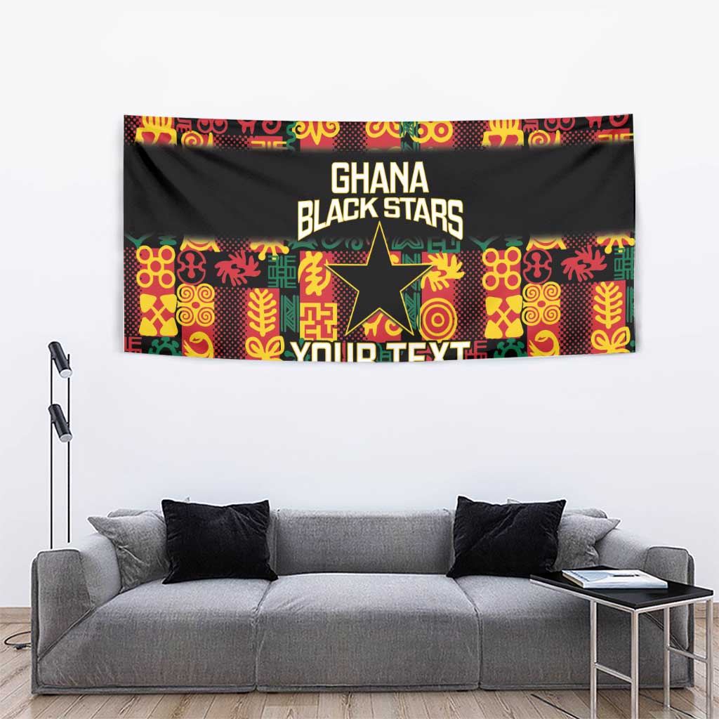 Black Ghana Black Stars wall tapestry with colorful Adinkra blocks and YOUR TEXT