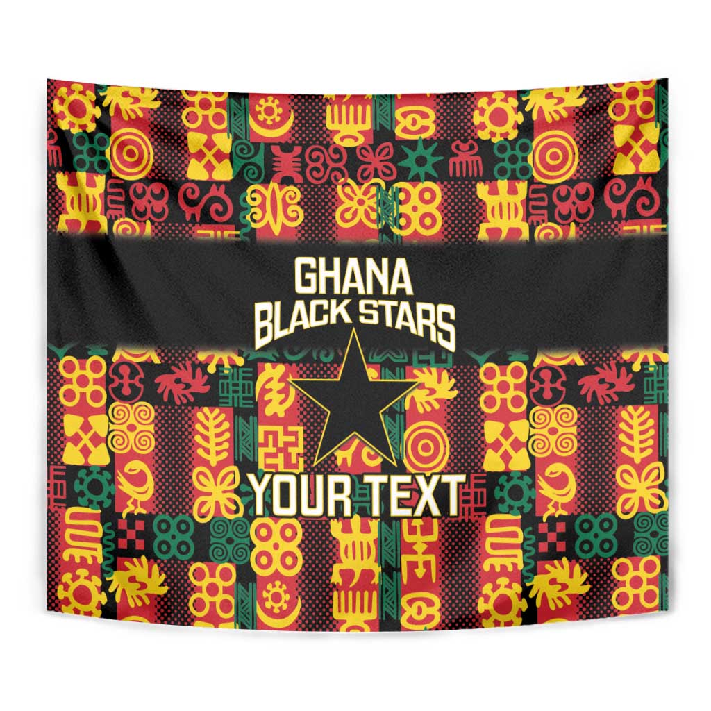 Close-up black Ghana Black Stars tapestry with multicolor Adinkra pattern and YOUR TEXT